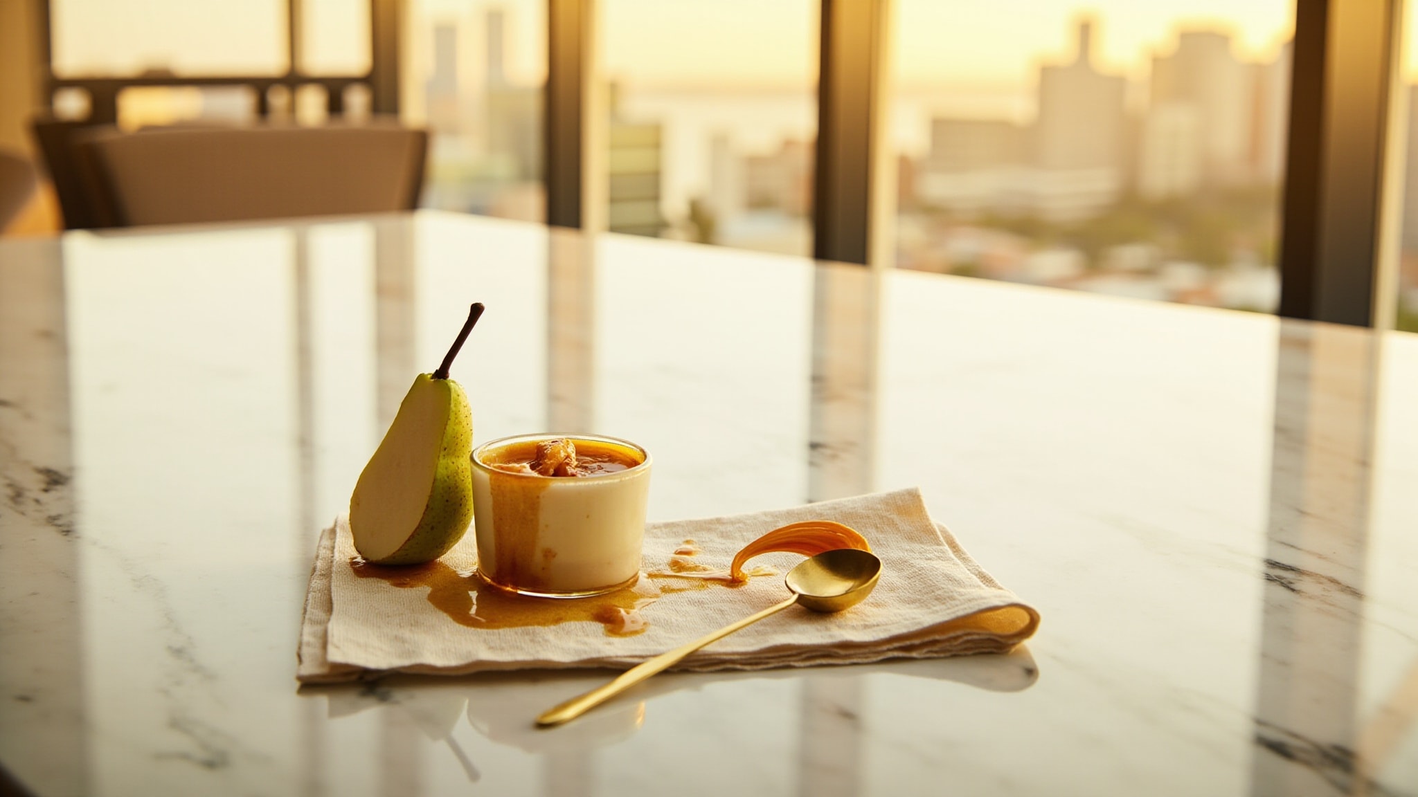 Honeyed Pear Panna Cotta by The Dua Brand. Atmospheric mood